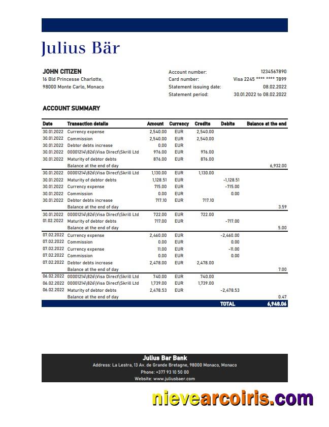 Monaco Julius Bar bank statement xls